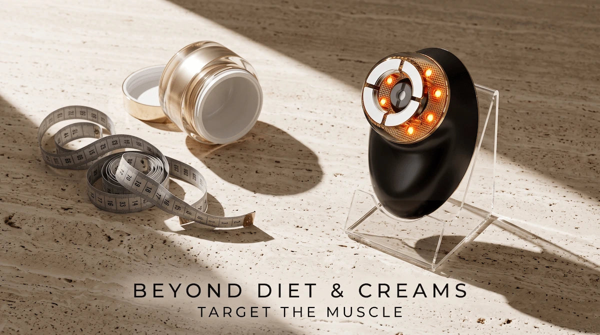 A premium 4-in-1 EMS face massager displayed next to a measuring tape, illustrating that submental fat requires targeted tech, not just diet.