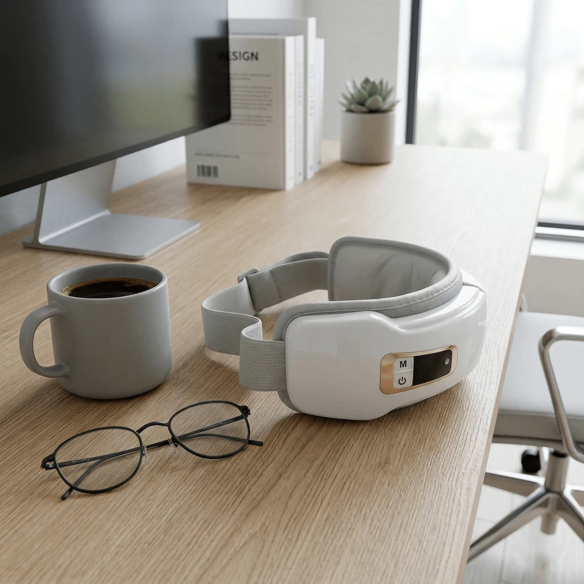Detail shot of the smart eye strain relief device, showcasing its control panel and adjustable headband.