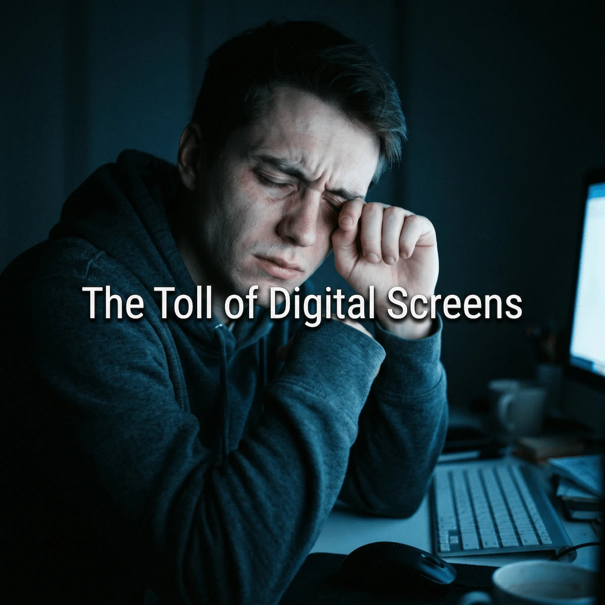 Person rubbing strained eyes after hours of looking at a computer monitor.