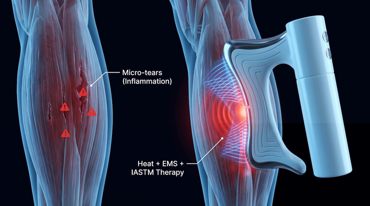 3D diagram showing how heat and microcurrent EMS repair muscle fiber micro-tears from DOMS.