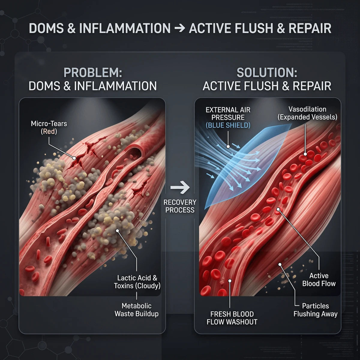 3D illustration showing how compression therapy boosts circulation to clear metabolic waste and reduce delayed onset muscle soreness (DOMS).