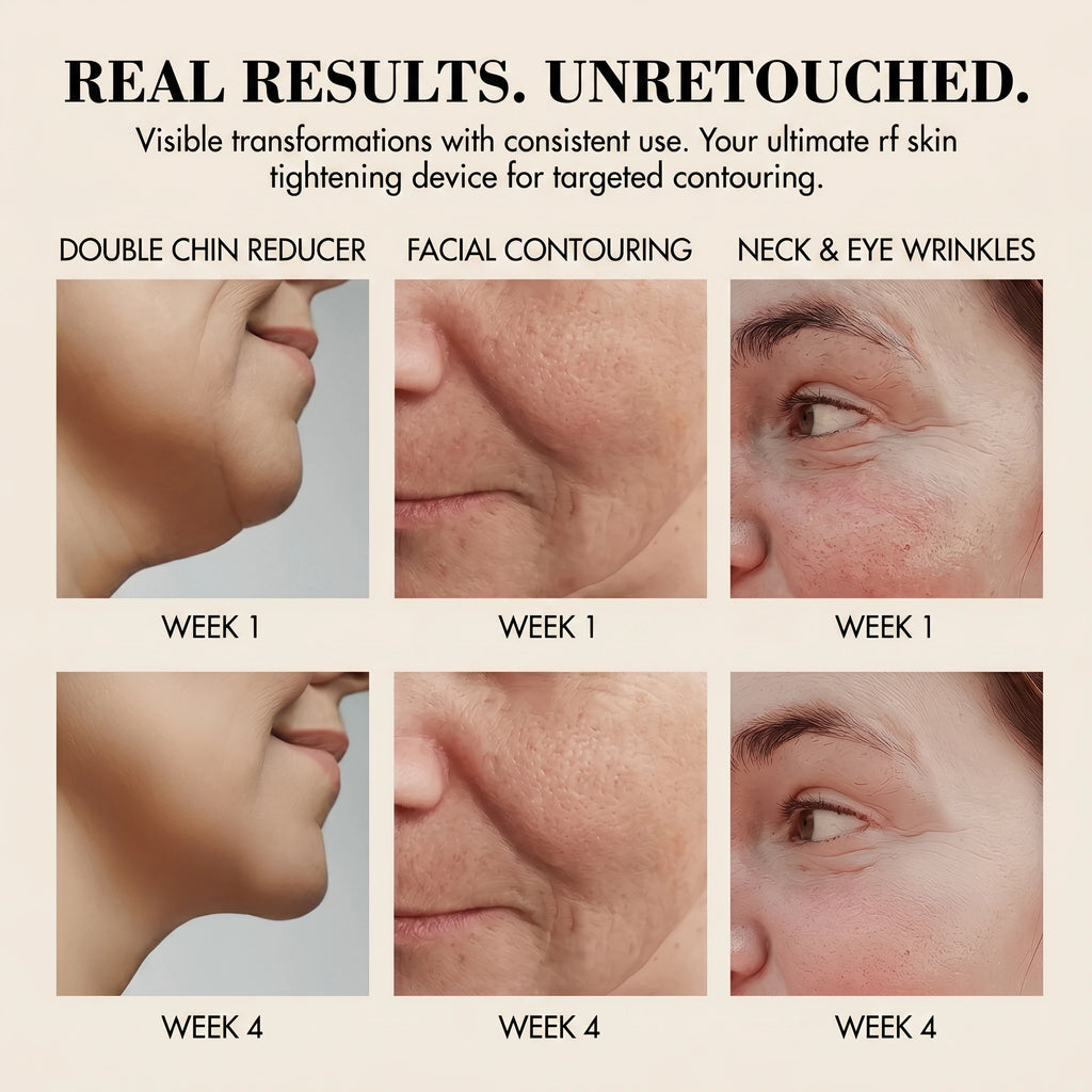 Unretouched week 1 and week 4 results demonstrating how consistent use of the double chin reducer visibly lifts the jawline and smooths neck wrinkles.