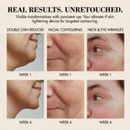 Unretouched week 1 and week 4 results demonstrating how consistent use of the double chin reducer visibly lifts the jawline and smooths neck wrinkles.