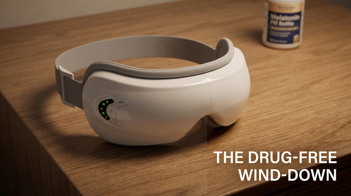 Elevaure eye massager on a nightstand replacing a bottle of sleep supplements.
