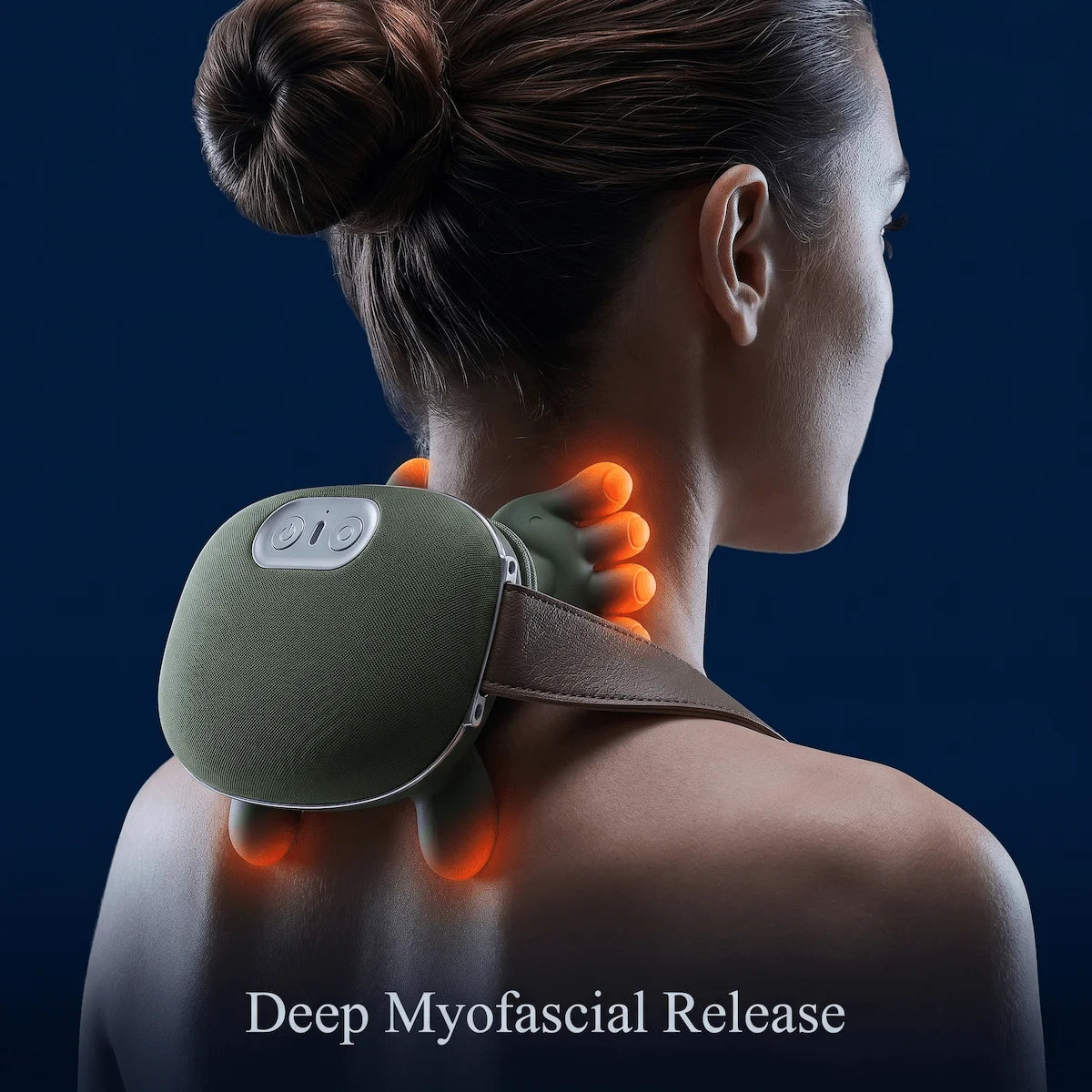 Close-up macro shot of an ergonomic neck massager emitting targeted thermal heat on the upper trapezius, showing natural skin texture and dual-node kneading.