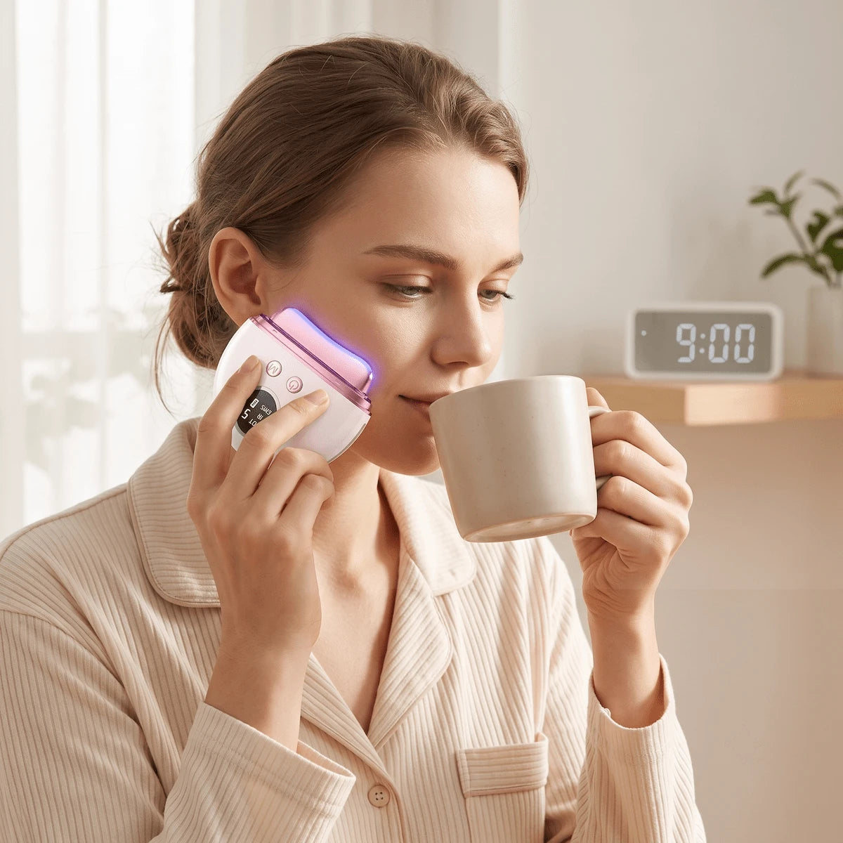 Woman effortlessly using a 4-in-1 EMS face massager during her quick morning routine.