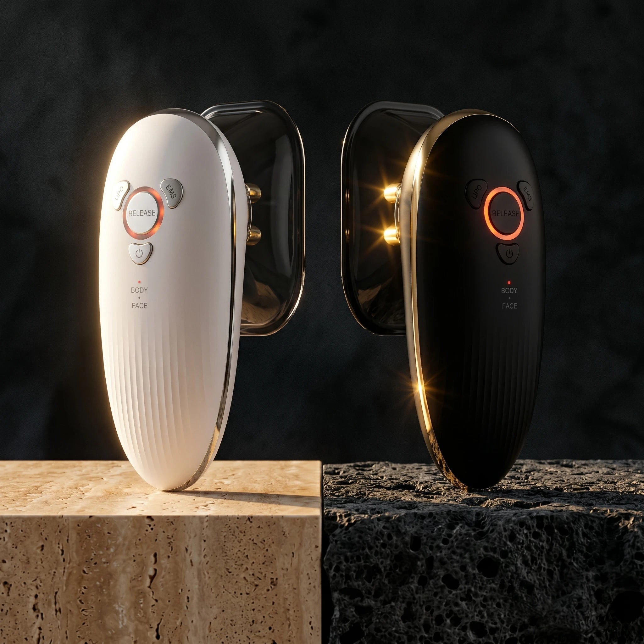 Pearl White and Midnight Black ELEVAURE electric cupping machine, an advanced body sculpting massager for visible cellulite and lymphatic drainage.