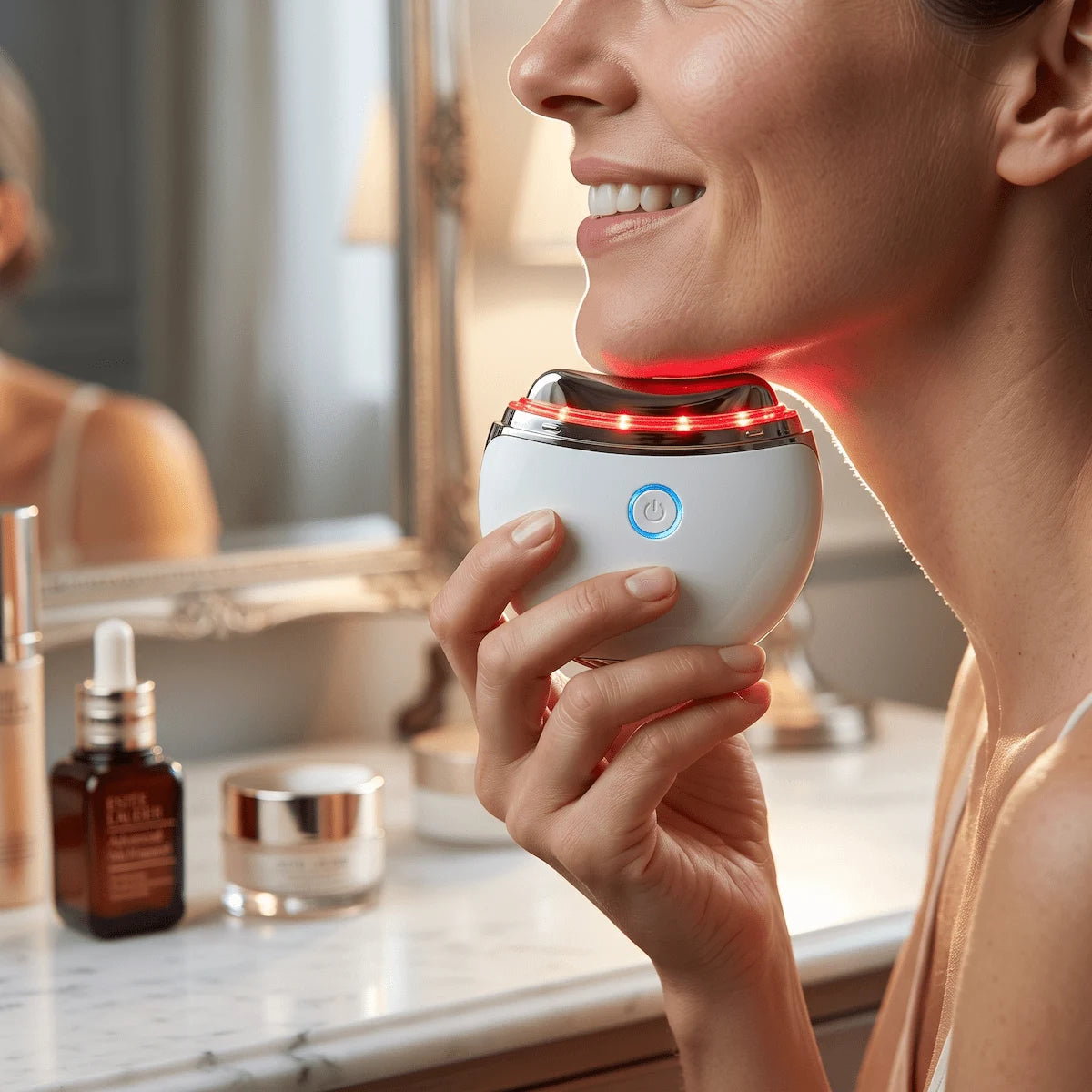 Electric gua sha massager for jawline sculpting — upward chin-to-ear stroke technique for platysma re-toning and mandibular border definition.