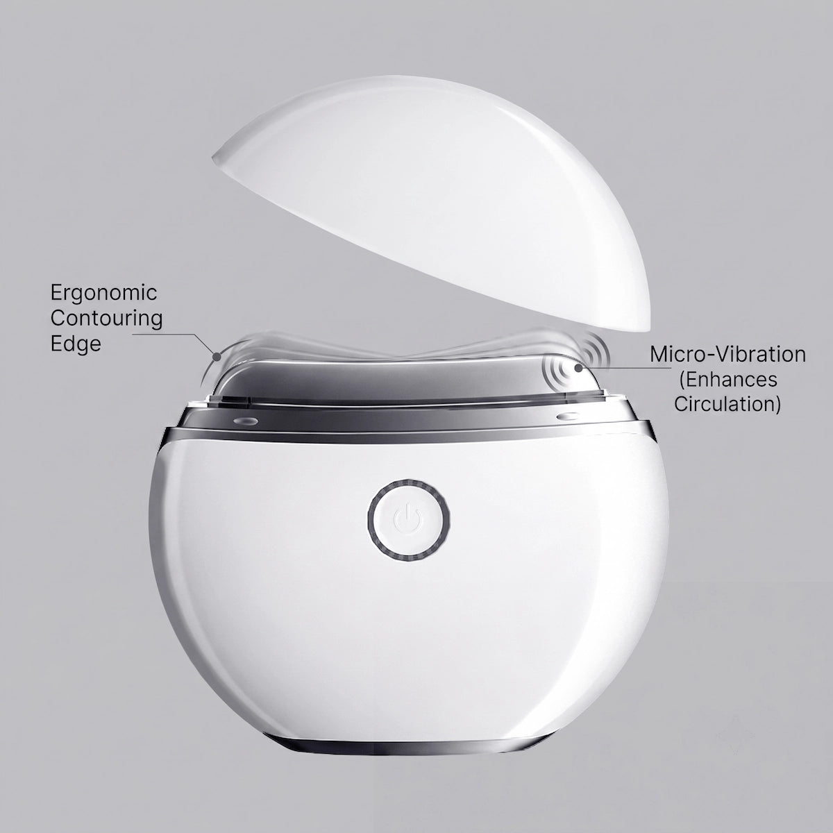 Close-up of the Elevaure electric gua sha massager highlighting its ergonomic contouring edge and micro-vibration features.