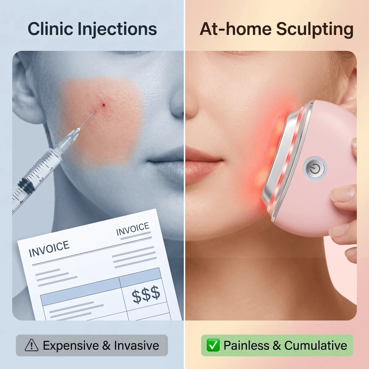Comparison showing the high cost and invasiveness of jawline fillers versus the painless, non-surgical results of electric gua sha.