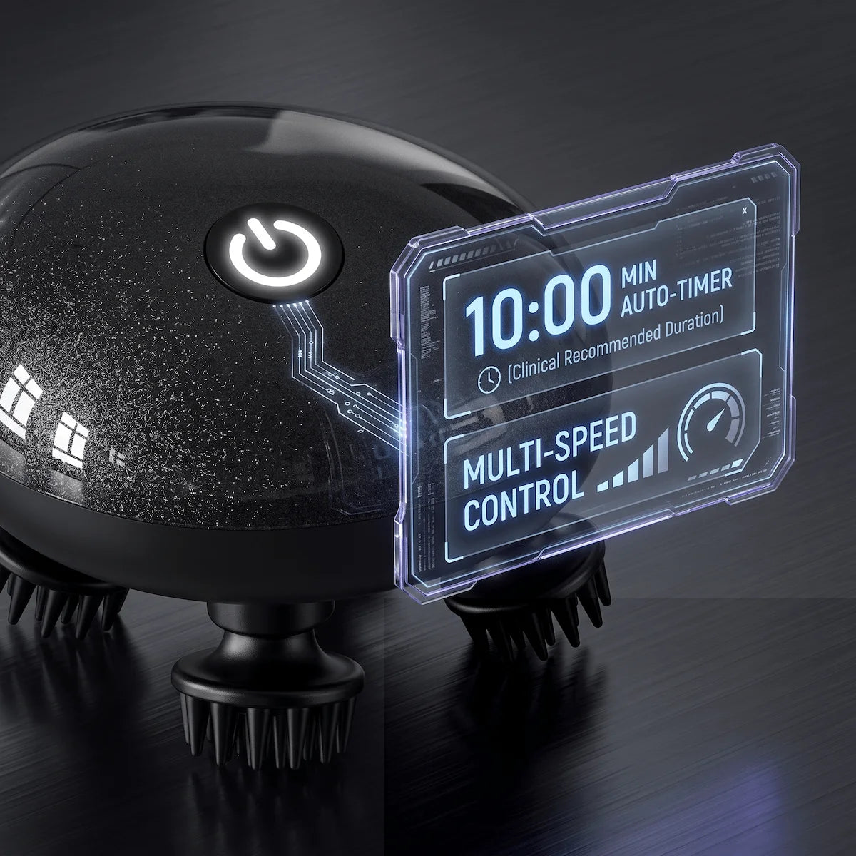 Close-up of the Elevaure scalp massager highlighting its therapeutic multi-speed control and 10-minute auto-timer.