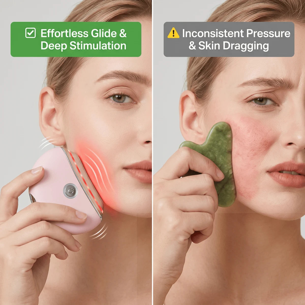 Comparison showing the effortless glide of an electric gua sha versus the inconsistent pressure of manual stone tools.