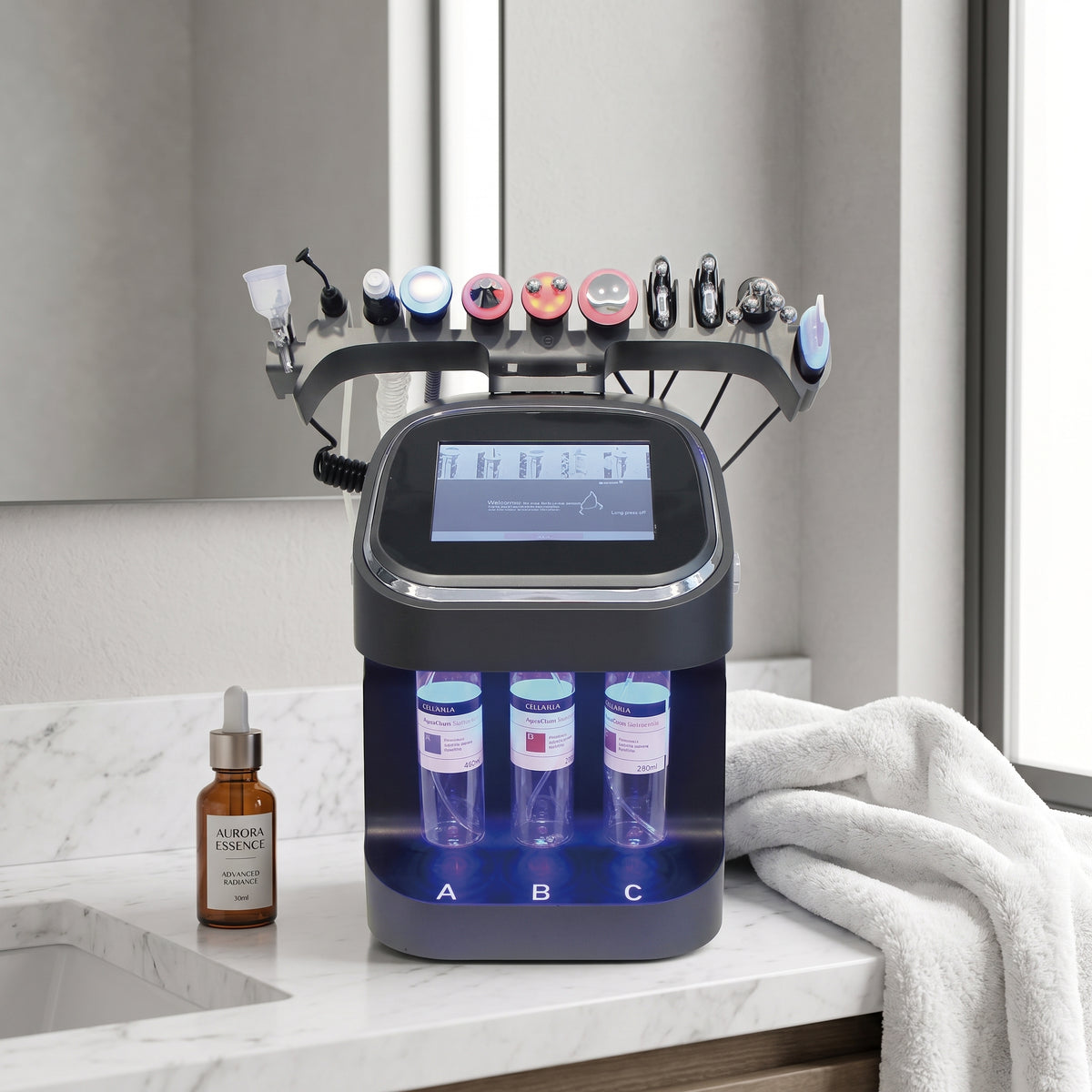 ELEVAURE 10-in-1 Facial Care Machine resting on a luxury modern master bathroom marble countertop during morning skincare routine