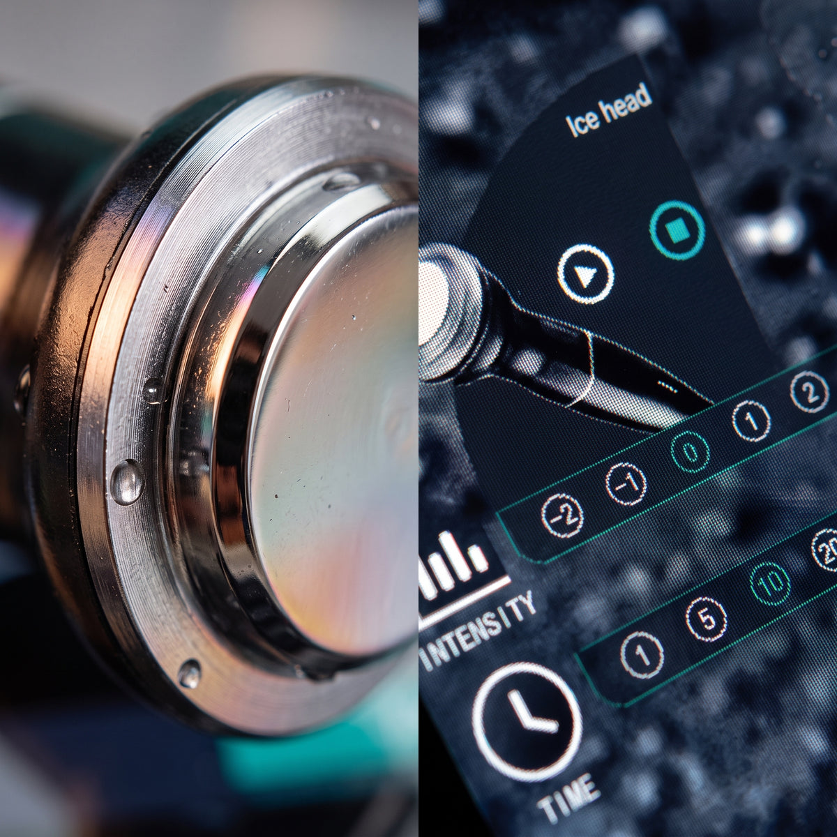 Close-up of the cold hammer probe and system UI touch screen on ELEVAURE 10-in-1 Facial Care Machine showing temperature and timer settings