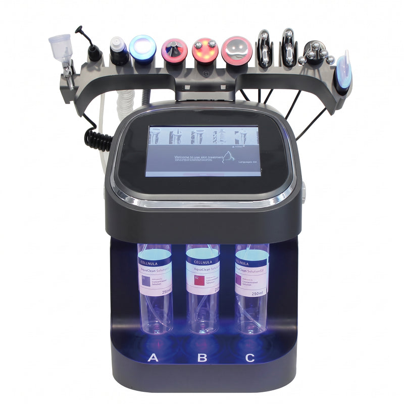 ELEVAURE 10-in-1 Facial Care Machine studio hero shot featuring sleek matte black console with digital touch screen and illuminated solution bottles