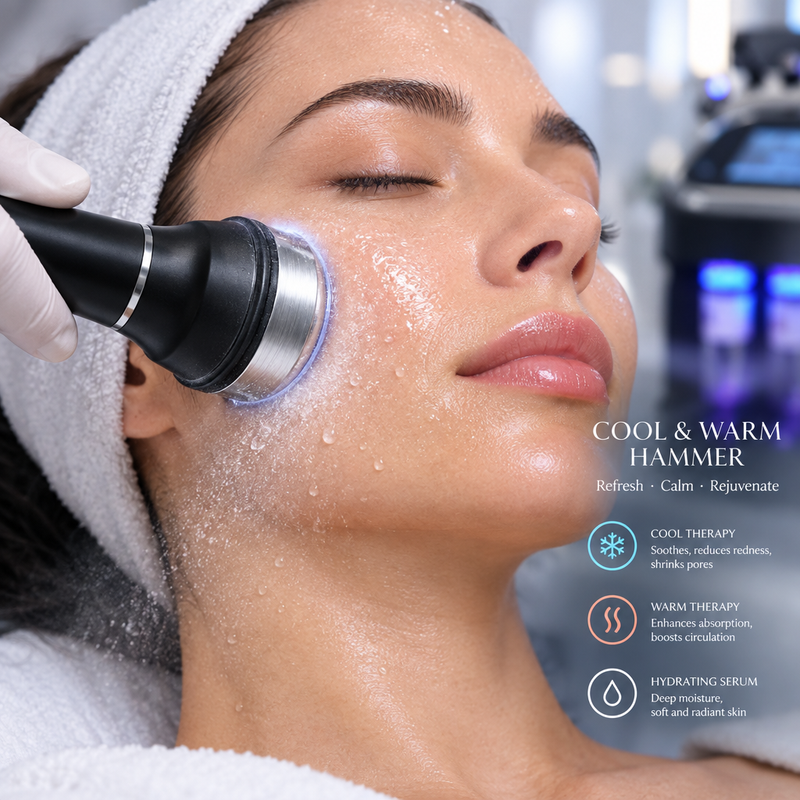 ELEVAURE 10-in-1 Facial Machine cool and warm hammer probe with blue LED light soothing cheek skin during a refreshing home cryo-facial ritual