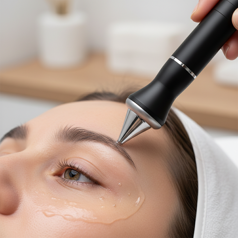 ELEVAURE 10-in-1 Facial Care Machine focused eye ultrasound probe gently gliding along the orbital bone for delicate eye contour hydration
