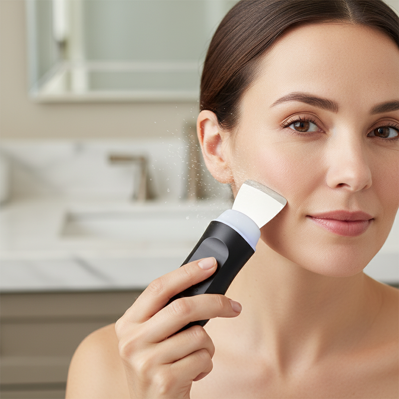 ELEVAURE 10-in-1 Skin Care System ultrasonic skin scrubber curved spatula exfoliating dead skin cells and clearing pores on the chin and T-zone