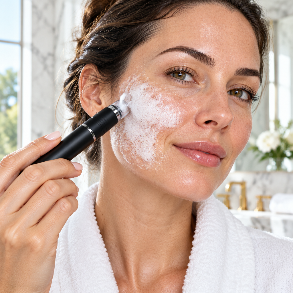 ELEVAURE 10-in-1 Facial Machine oxygenating bubble pen spreading a delicate micro-foam lather across cheek for gentle foaming pore purification