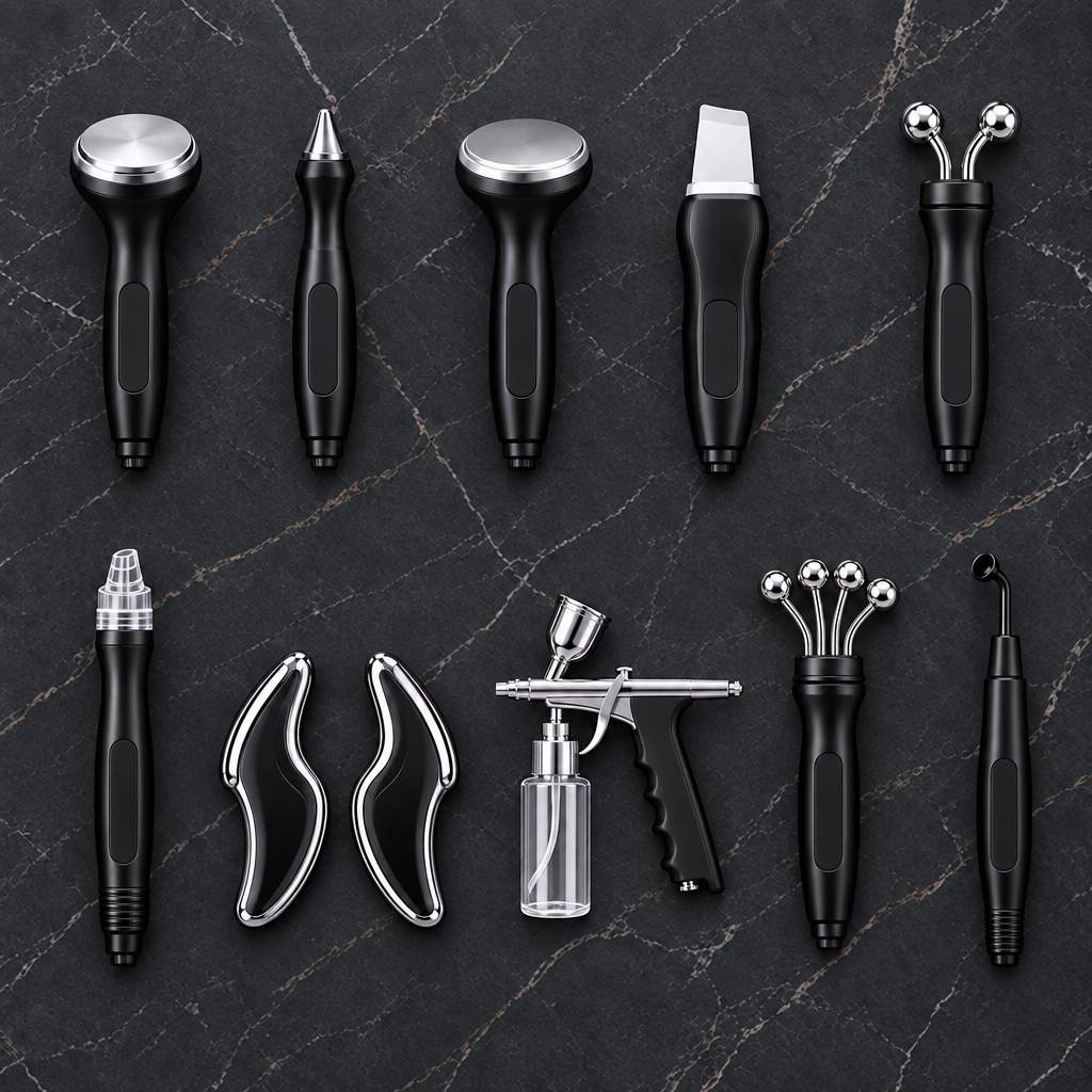 ELEVAURE 10-in-1 Facial Care Machine complete 10 treatment attachments and probes neatly arranged in a luxury flat lay on dark marble stone