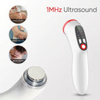 The ELEVAURE 1MHz ultrasound massager with a probe close-up and three usage photos showing care on the knee, ankle, and neck.