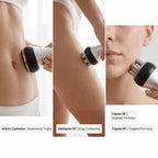 Applying Elevaure body contouring probes on abdomen, thighs, and jawline for targeted home contouring routines.