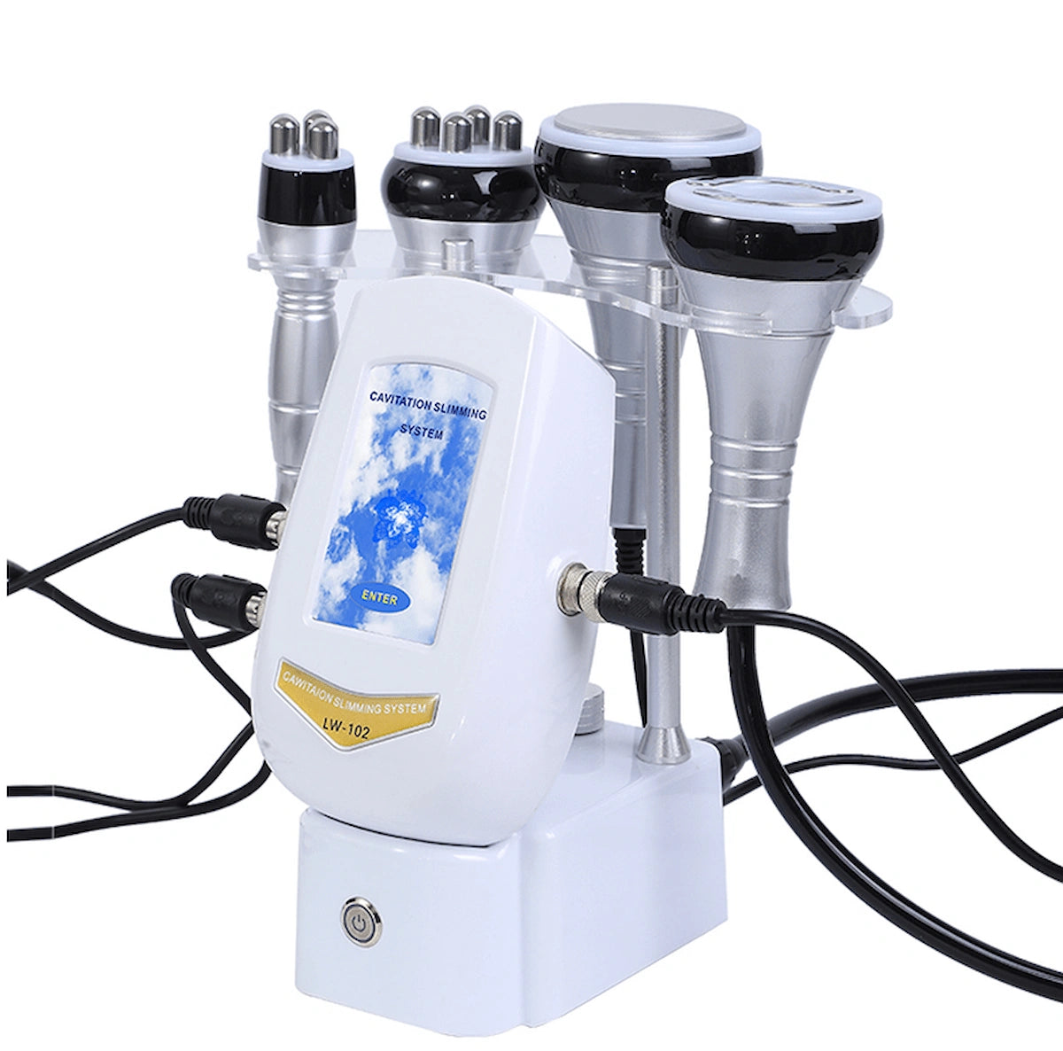 4-in-1 body sculpting system product structure diagram labeling facial RF body RF cavitation and vacuum RF treatment heads