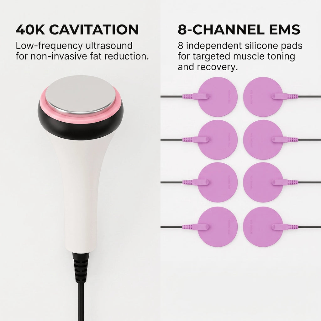 Elevaure 40K ultrasonic cavitation probe and 8-channel silicone EMS electrode pads.