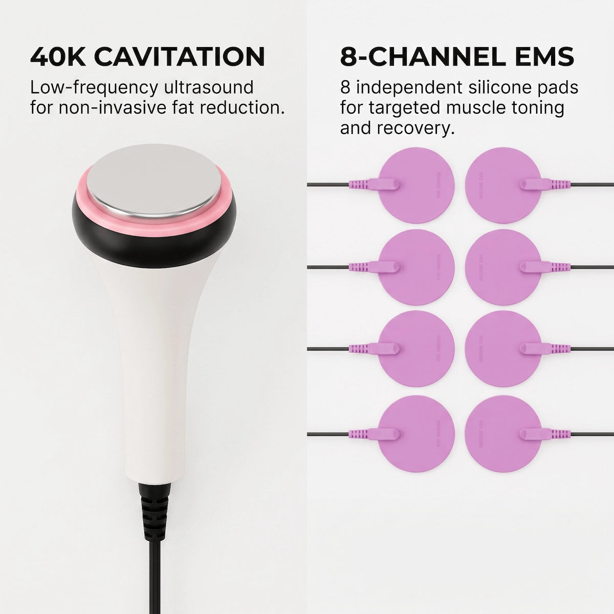 Elevaure 40K ultrasonic cavitation probe and 8-channel silicone EMS electrode pads.