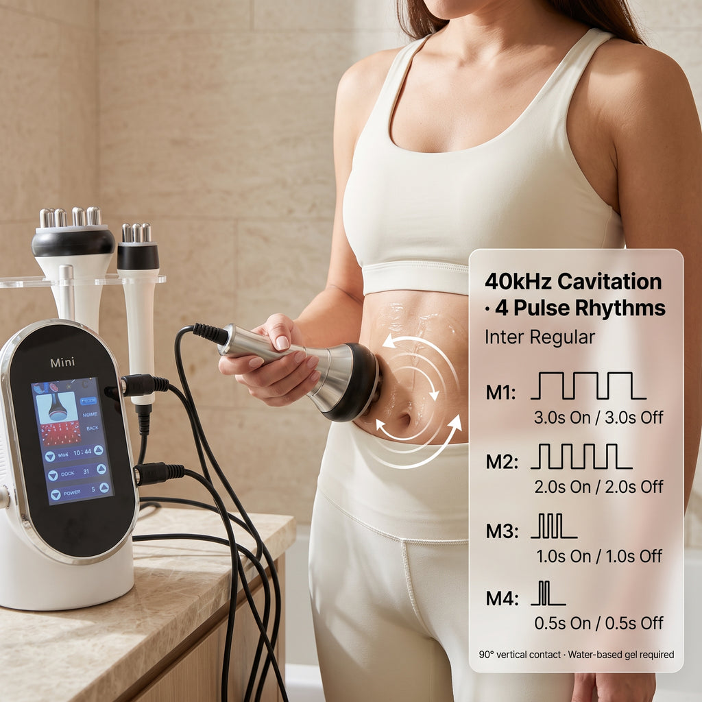 Woman using the 40kHz ultrasonic cavitation handpiece at a 90-degree angle on her abdomen with conductive gel, displaying M1 to M4 pulse rhythm timings.