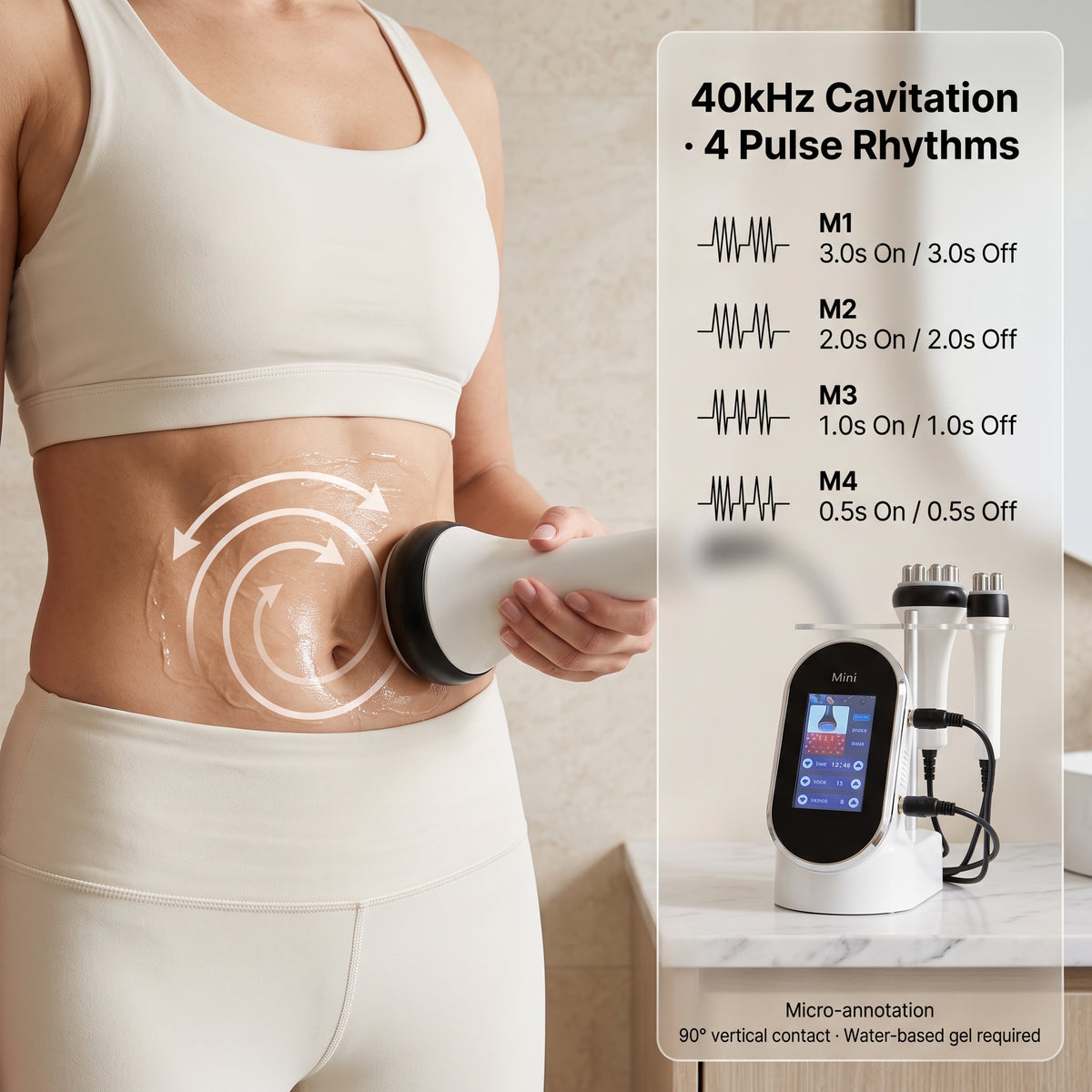 Woman using the 40kHz ultrasonic cavitation handpiece at a 90-degree angle on her abdomen with conductive gel, displaying M1 to M4 pulse rhythm timings.