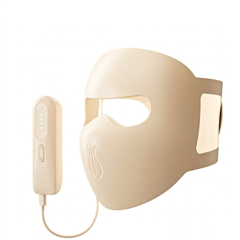 Elevaure 4D contoured LED light therapy face mask in food-grade silicone with connected handheld rechargeable remote controller.
