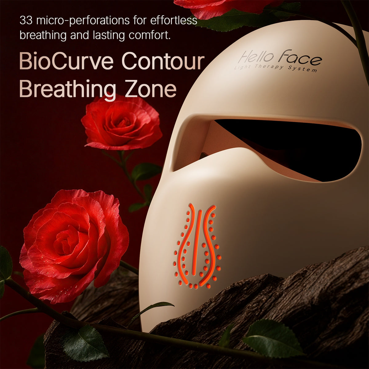 Close-up of the 4D LED face mask nose breathing zone featuring 33 micro-perforations beside red roses.
