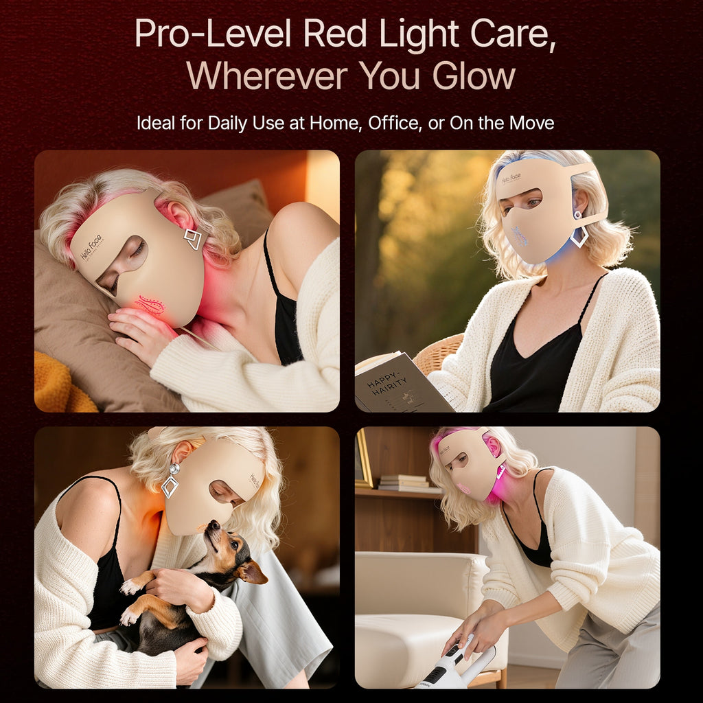 Four-scene lifestyle grid showing the 4D contoured LED face mask used during resting in bed, reading, cuddling pets, and doing light chores.