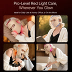 Four-scene lifestyle grid showing the 4D contoured LED face mask used during resting in bed, reading, cuddling pets, and doing light chores.