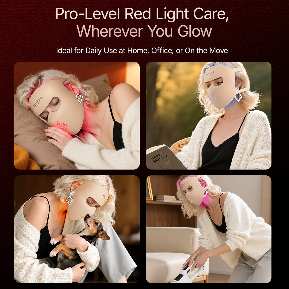 Four-scene lifestyle grid showing the 4D contoured LED face mask used during resting in bed, reading, cuddling pets, and doing light chores.