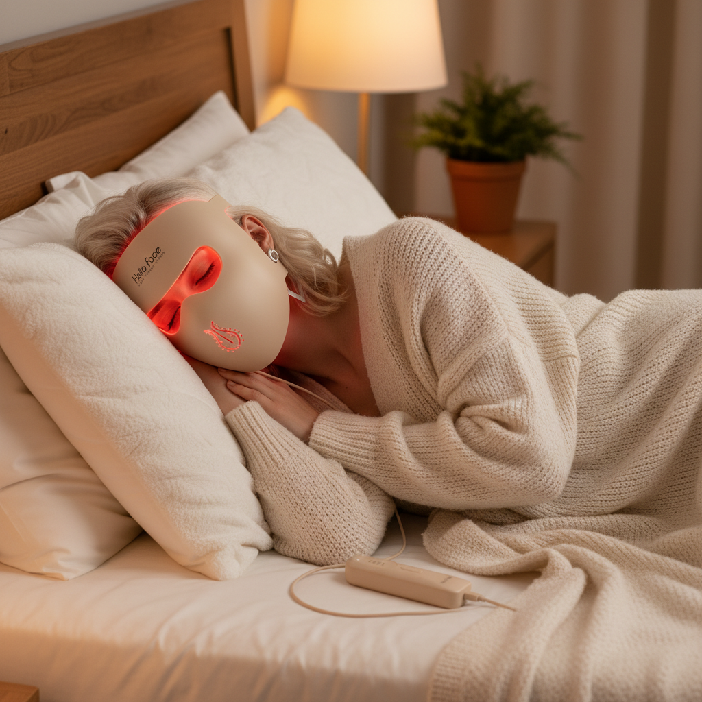Woman lying comfortably on a pillow during an evening light therapy routine with the 4D contoured face mask and bedside controller.