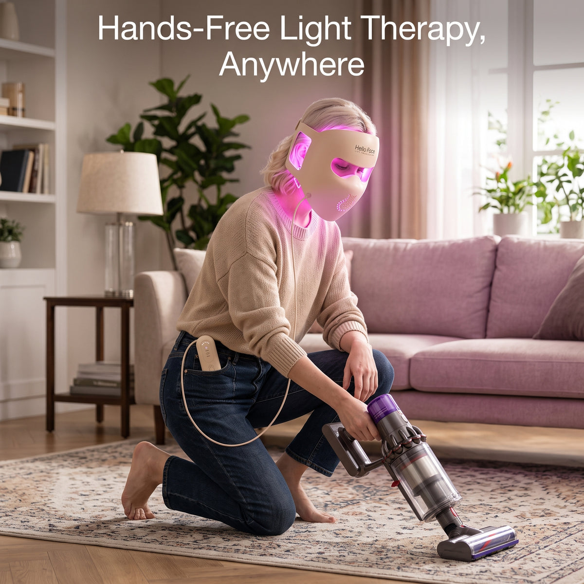 Woman doing light home cleaning with a handheld vacuum while wearing the 4D contoured LED face mask powered by a pocketed controller.