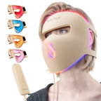Woman wearing the 4D contoured LED face mask with handheld remote, showcasing blue, amber, red, and mixed modes.