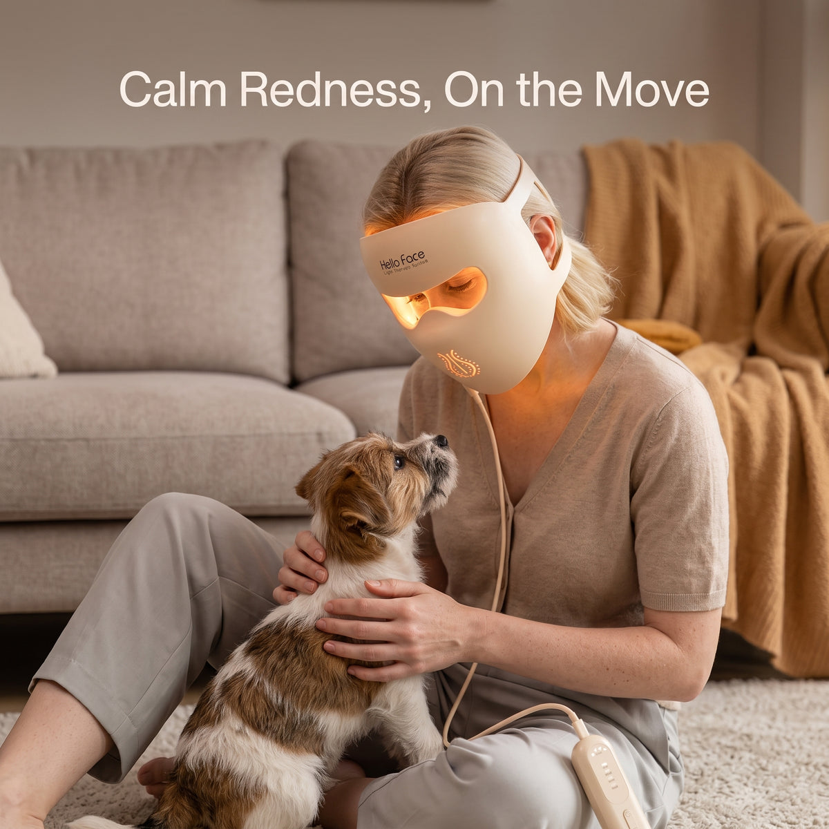 Woman cuddling a pet dog on the floor while using the 605nm amber light Calm and Brighten mode on the 4D contoured LED face mask.