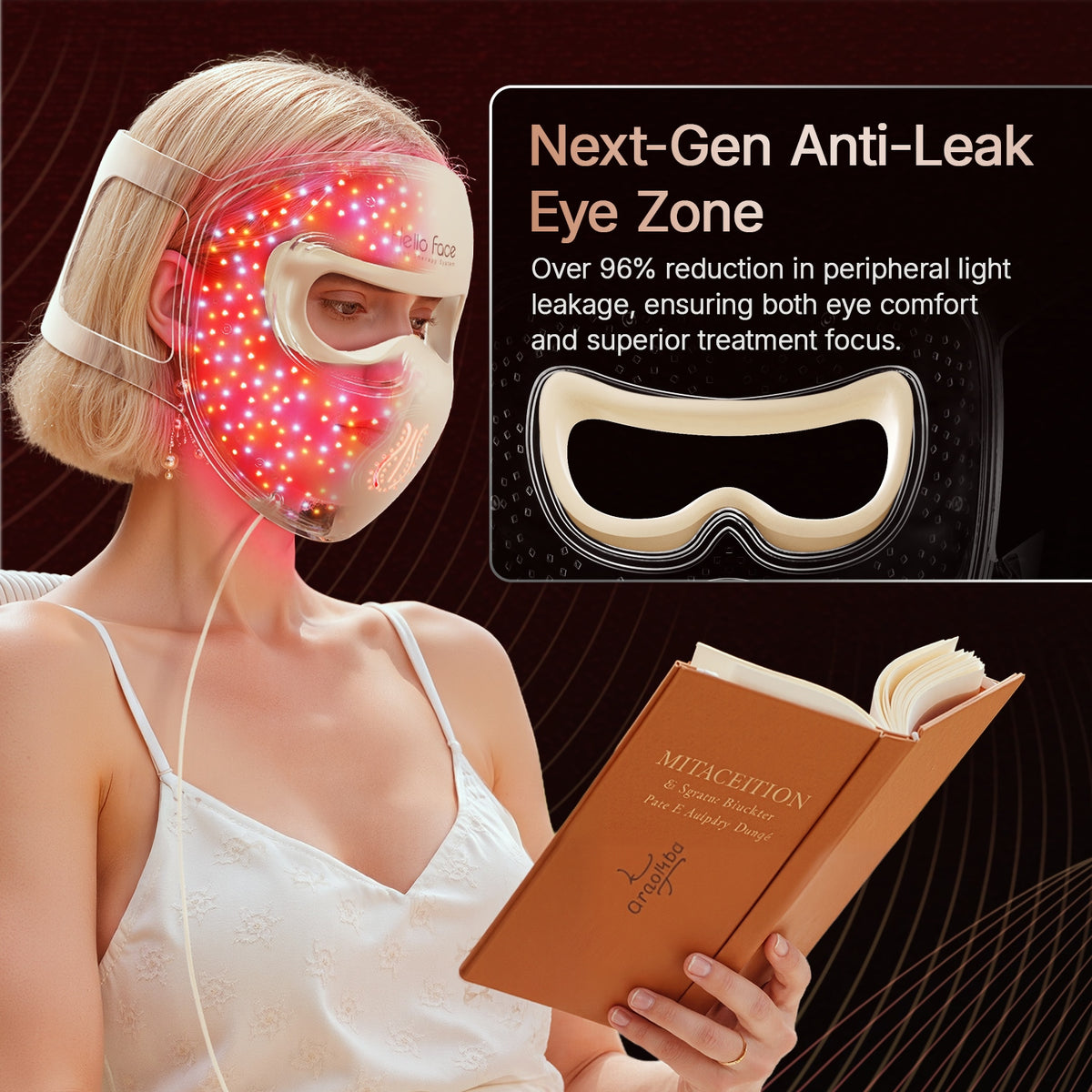 Anti-leak eye zone cushioning on the 4D contoured LED face mask designed to reduce peripheral light leakage.
