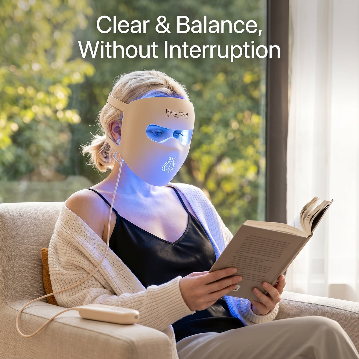 Woman reading a book in an armchair while using the 460nm blue light Clear and Balance mode on the 4D contoured LED face mask.