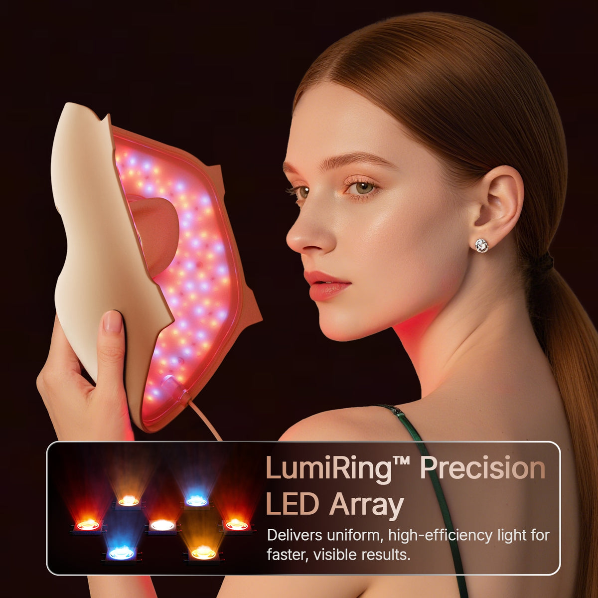 Woman holding the 4D LED face mask to display the illuminated interior optical array with 311 LEDs.
