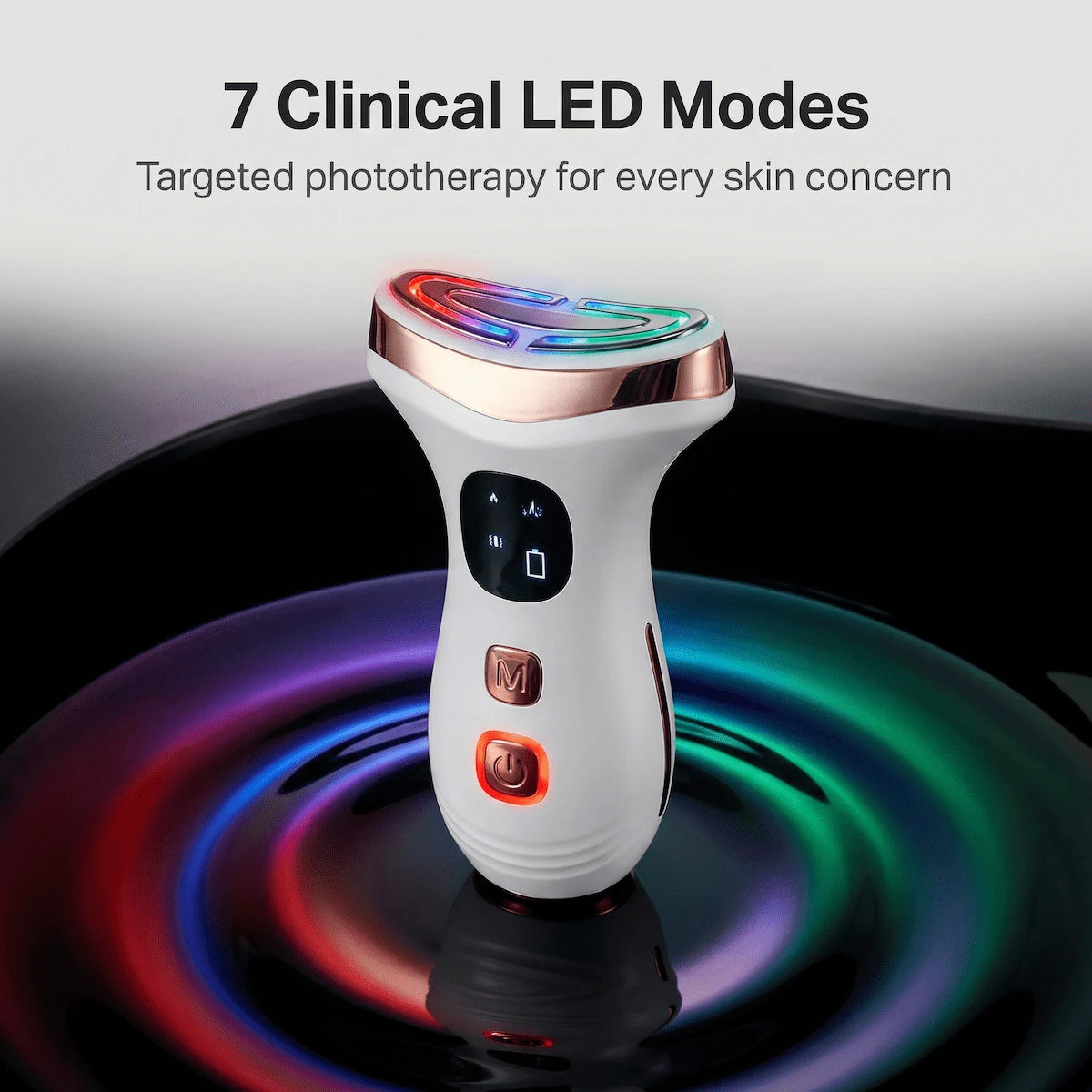 Elevaure 7-color LED light therapy facial device showing spectrum modes