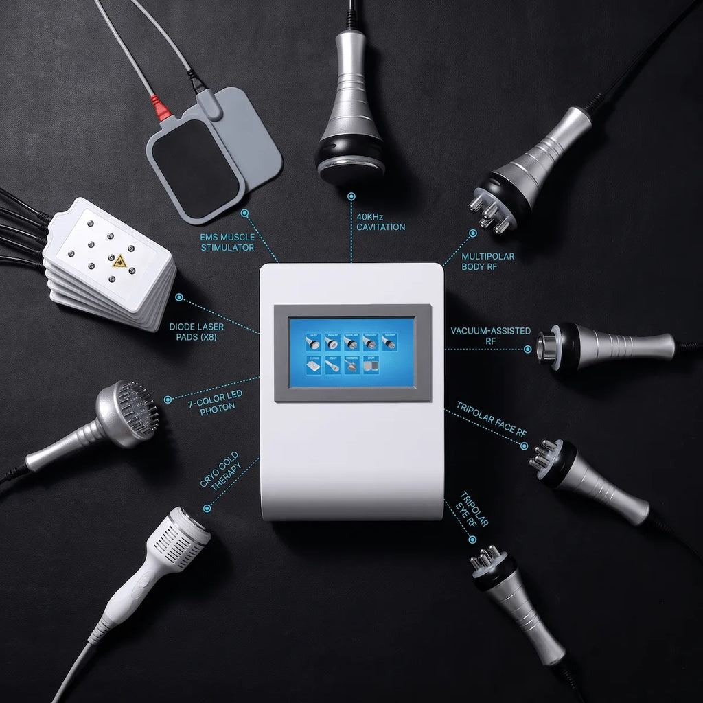 All 9 handles of the Elevaure body contouring machine: 40KHz cavitation, multipolar body RF, vacuum RF, tripolar face RF, tripolar eye RF, diode laser pads, EMS electrode, 7-color LED photon, and cryo cold handle.