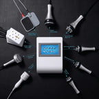 All 9 handles of the Elevaure body contouring machine: 40KHz cavitation, multipolar body RF, vacuum RF, tripolar face RF, tripolar eye RF, diode laser pads, EMS electrode, 7-color LED photon, and cryo cold handle.