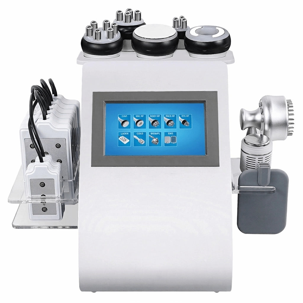 Elevaure 9-in-1 40KHz Cavitation RF PRO body contouring machine front view with touchscreen display showing 9 treatment modes.