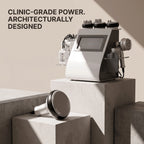 Elevaure 9-in-1 cavitation RF machine with 40KHz cavitation handle on concrete display — clinic-grade body contouring device for home use.