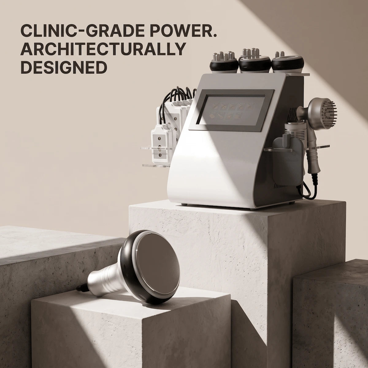Elevaure 9-in-1 cavitation RF machine with 40KHz cavitation handle on concrete display — clinic-grade body contouring device for home use.