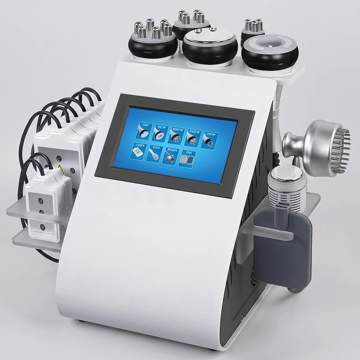 Elevaure 9-in-1 cavitation RF machine angled view showing all probe handles docked on the main console unit.